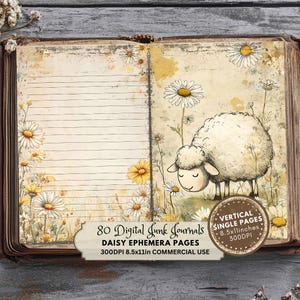 Peut inclure: Journal ouvert avec des pages lign&eacute;es et une illustration fantaisiste d'un mouton parmi des marguerites. Le journal contient le texte "80 Digital Junk Journals" et "DAISY EPHEMERA PAGES". Les pages mesurent 21,6 x 27,9 cm.