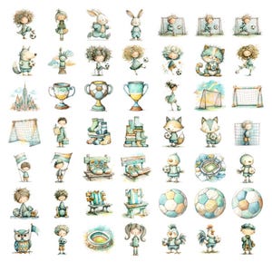 May include: A collection of watercolour illustrations featuring soccer-themed imagery. The image includes soccer balls, trophies, goals, and various animal and human figures playing soccer or holding soccer-related items. The colour palette is soft, with pastel blues, greens, and yellows.