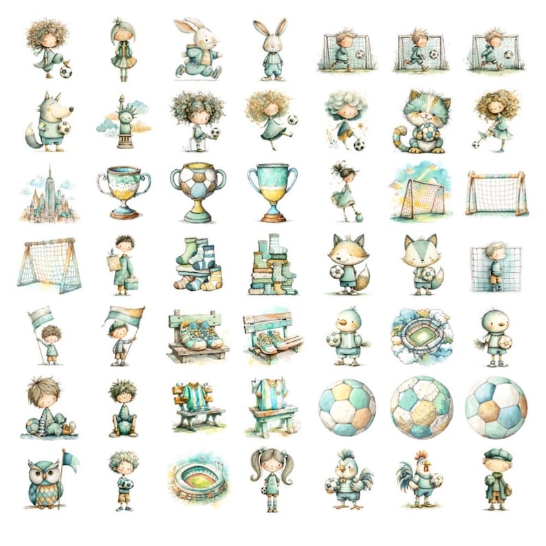 May include: A collection of watercolour illustrations featuring soccer-themed imagery. The image includes soccer balls, trophies, goals, and various animal and human figures playing soccer or holding soccer-related items. The colour palette is soft, with pastel blues, greens, and yellows.
