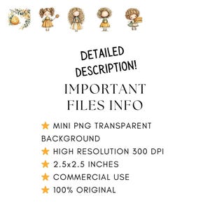 Puede incluir: Ilustraciones en acuarela de peque&ntilde;as mu&ntilde;ecas con cabello rizado y vestidos amarillos, junto con detalles florales. La imagen incluye texto: "&iexcl;DESCRIPCI&Oacute;N DETALLADA! INFORMACI&Oacute;N IMPORTANTE DE ARCHIVOS" y detalles del archivo, incluyendo "2.5x2.5 PULGADAS".