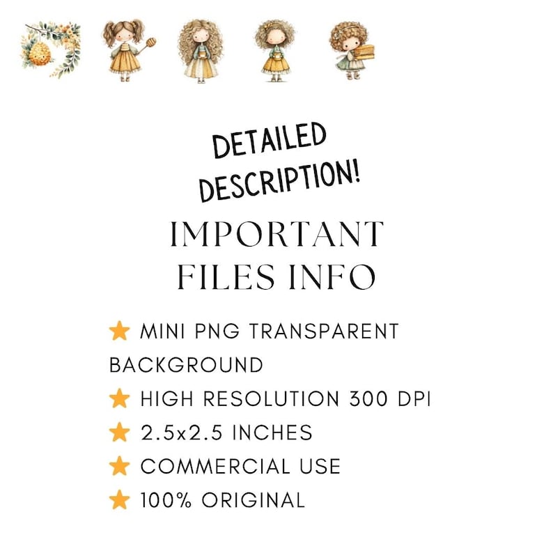 Puede incluir: Ilustraciones en acuarela de peque&ntilde;as mu&ntilde;ecas con cabello rizado y vestidos amarillos, junto con detalles florales. La imagen incluye texto: "&iexcl;DESCRIPCI&Oacute;N DETALLADA! INFORMACI&Oacute;N IMPORTANTE DE ARCHIVOS" y detalles del archivo, incluyendo "2.5x2.5 PULGADAS".