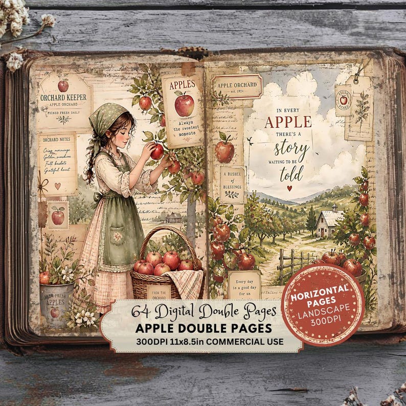 Apple Harvest Double Pages, Fall Cottagecore Journal Kit, Rustic Orchard Ephemera, Cozy Farmhouse Papers image 4