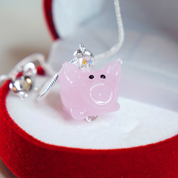 925 silver plated necklace for women with cute pink little pig pendant and chain, farm lover jewelry, good luck and money piggy bank charm