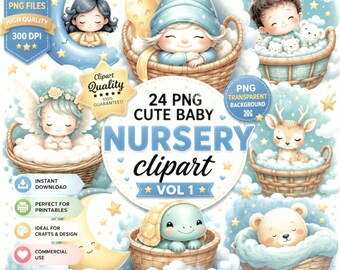 Watercolor Nursery Clipart: 24 Starry Night PNG Images (Digital Download)