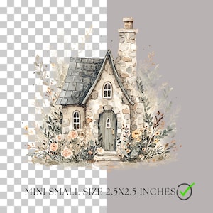 May include: Watercolor illustration of a small stone cottage with a gray tiled roof, arched doorway, and chimney. The cottage is surrounded by flowers and foliage. The text at the bottom reads "MINI SMALL SIZE 2.5X2.5 INCHES".