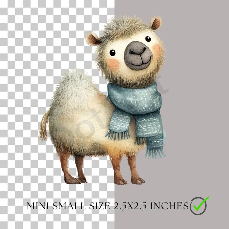 May include: A watercolor illustration of a smiling camel wearing a blue scarf. The camel is beige and brown with a fluffy head and a light blue scarf. The image is labeled "MINI SMALL SIZE 2.5X2.5 INCHES".