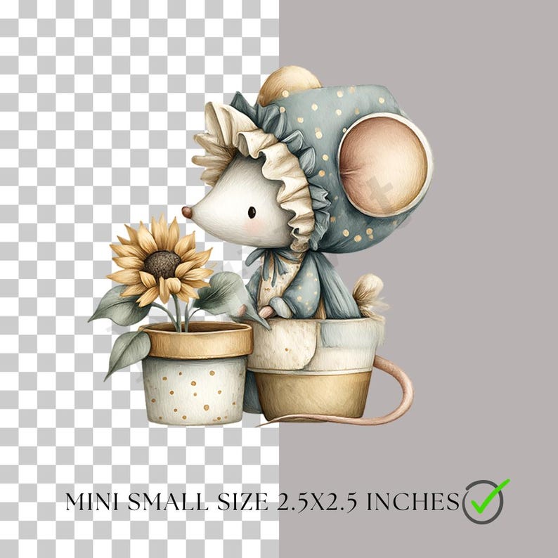K&ouml;nnte beinhalten: Aquarellillustration einer Maus mit Hut und Kleid, die in einer Teetasse sitzt. Eine Sonnenblume in einem Topf mit Punkten befindet sich neben der Maus. Der Text "MINI SMALL SIZE 2.5X2.5 INCHES" steht unten.