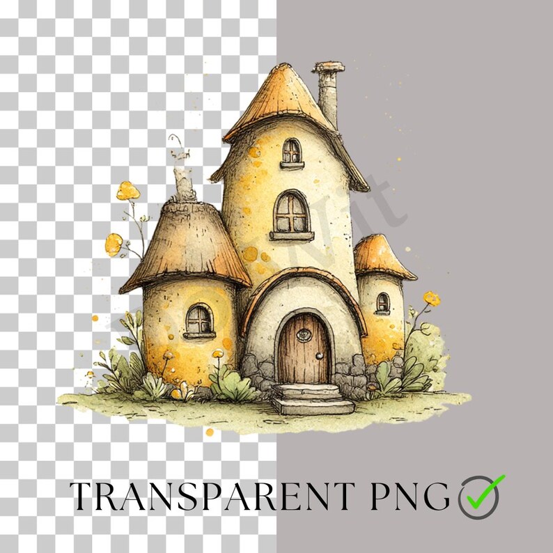 Puede incluir: Ilustraci&oacute;n en acuarela de una casa de hadas caprichosa con una combinaci&oacute;n de colores amarillos y marrones. La casa tiene forma redonda con techo de paja, peque&ntilde;as ventanas y una puerta de madera. El texto "TRANSPARENT PNG" est&aacute; en la parte inferior.