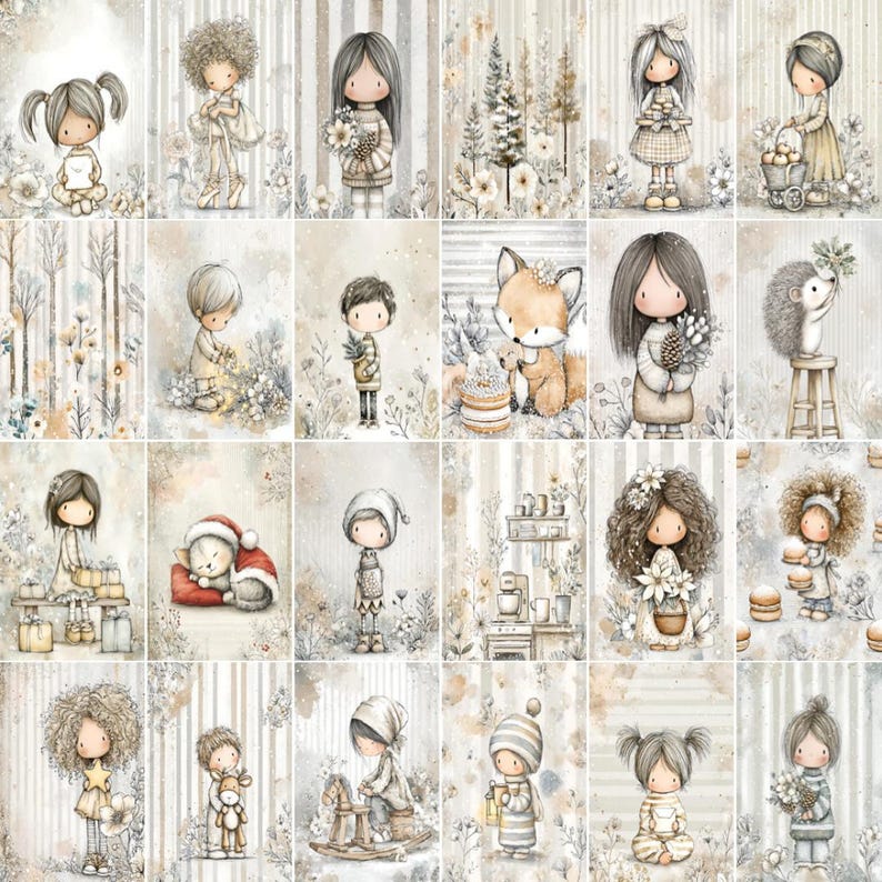 May include: A collection of watercolor illustrations featuring whimsical children and animals in a soft, muted color palette. Each image showcases a different scene, including children with flowers, a fox, and a sleeping cat, all set against a striped background.