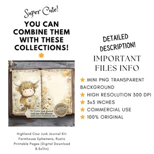 May include: Digital download of a Highland Cow Junk Journal Kit. The image shows an open journal with a cute cow illustration, daisies, and text. The text includes "Super Cute!" and "You can combine them with these collections!"