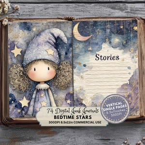 Può includere: Una pagina di diario digitale con un'illustrazione stravagante di una bambola con cuffia da notte e vestito, circondata da stelle e una luna crescente. Il diario include pagine a righe per le storie e il testo "Bedtime Stars". Il diario misura 21,59 x 27,94 cm.