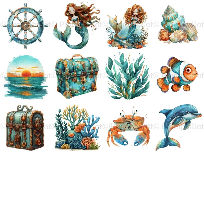 May include: Watercolor illustrations of nautical and marine life elements. Includes a ship's wheel, mermaids, seashells, a sunset over the ocean, treasure chests, seaweed, a clownfish, coral, a crab, and a dolphin.