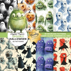 Niedliche Halloween nahtlose Papiere, digitales Papier mit Monstern und Cartoons für Halloween, gotische nahtlose Papiere, sich wiederholendes Muster für Stoff