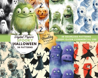Halloween Seamless Papers, Monster Cartoon Patterns (Digital Download)