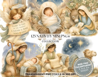 Nativity Clipart, Jesus Christian Bundle, Digital Download PNG, Watercolor Bible Stories, Religious Illustrations