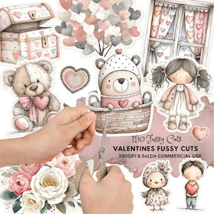 Może przedstawiać: Kolekcja wycinanek o tematyce walentynkowej, w tym pluszowy miś, miś w koszu, dziewczynka, chłopiec, serca i skrzynia skarbów. Tekst brzmi "150 Fussy Cuts Valentines Fussy Cuts 300DPI 8.5x11in COMMERCIAL USE."