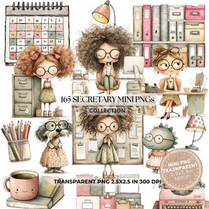 Può includere: Una collezione di arte digitale con illustrazioni di segretarie, forniture per ufficio e un calendario. L'immagine include il testo "165 SECRETARY MINI PNGS COLLECTION" e "TRANSPARENT PNG 6,35cm x 6,35cm IN 300 DPI". Le illustrazioni sono in stile acquerello.