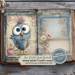 Pagine di diario Denim Junk, effimeri di uccelli stravaganti, fogli di collage digitali stampabili con uccelli divertenti, effimeri vintage, scrapbooking shabby chic