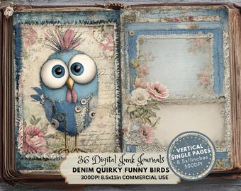 Denim Bird Junk Journal Pages: Shabby Chic Ephemera (Digital Download)