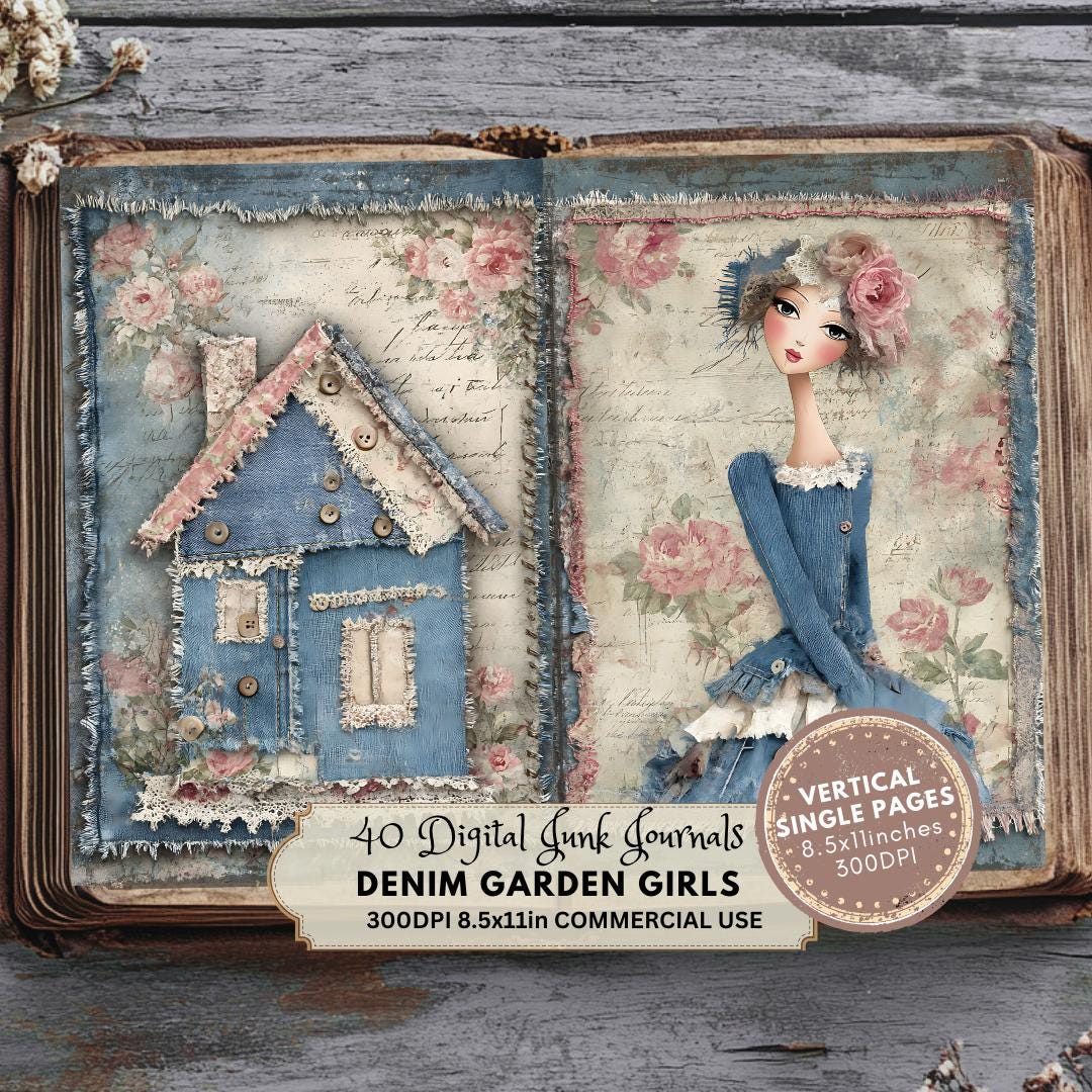 Denim Garden Girls Junk Journal Pages: Vintage Collage Sheets (digital ...