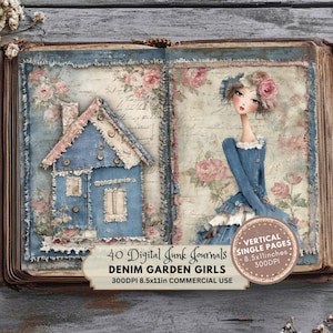 Puede incluir: Un diario digital de chatarra con 40 páginas que presenta una casa de mezclilla y una niña con un vestido de mezclilla. El diario mide 21,6 x 27,9 cm y 300 DPI. El texto en el diario dice "40 Digital Junk Journals Denim Garden Girls 300DPI 8.5x11in Commercial Use Vertical Single Pages 8.5x11inches 300DPI"