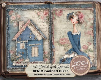 Denim Garden Girls Junk Journal Pages: Vintage Collage Sheets (Digital Download)