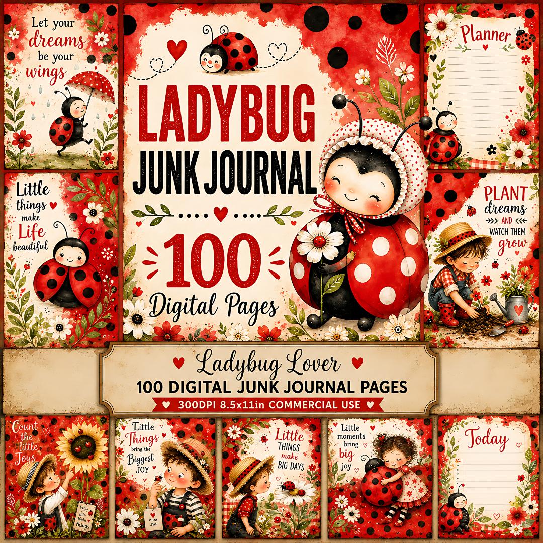 Ladybug Junk Journal, Vintage Printable Kit, Ephemera, Scrapbook Pages ...