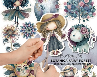 May include: A collection of whimsical, watercolor-style die-cut stickers featuring fairy-like characters, animals, and floral elements. The stickers include a girl in a hat, a bear, a lion, and a fox. Text on the image reads "100 Fussy Cuts BOTANICA FAIRY FOREST 300DPI 8.5x11in COMMERCIAL USE."