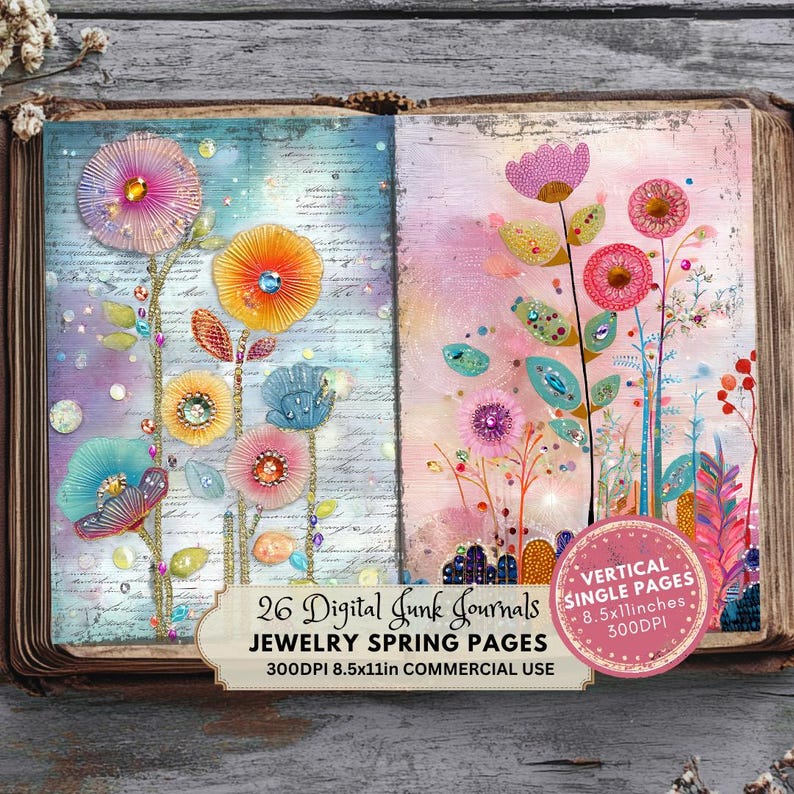 Cottage Garden Junk Journal Kit, Vintage Floral Printable, Digital Download, Scrapbooking Ephemera Craft Supplies, Mixed Media Collage with Gemstones