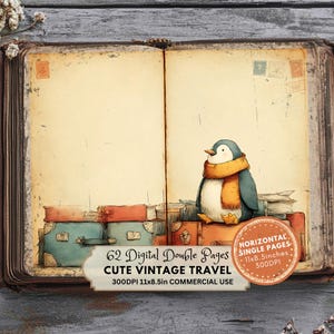 Cute penguin on a pile of suitcases Vintage Travel Journal Kit, Scrapbooking Supplies, Printable Pages, Cute Travel Theme Ephemera, Travel Journal Pages, Printable Travel Journal