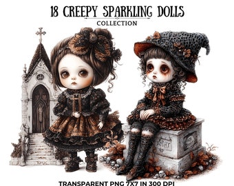 Creepy Gothic Dolls Clipart: Spooky Halloween PNG Transparent Background (Digital Download)