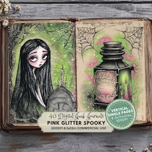 Half Pages Junk Journal Kit for Halloween, Cute Pink and Green Sparkling Ephemera for Spooky Scrapbooking, Printable Craft Kits, DIY Pages