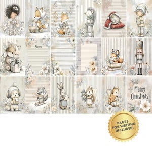 May include: A collection of illustrated journal pages with a winter theme. The pages feature various woodland creatures, floral accents, and the text "Merry Christmas." The pages are in soft neutral tones with vertical striped backgrounds.