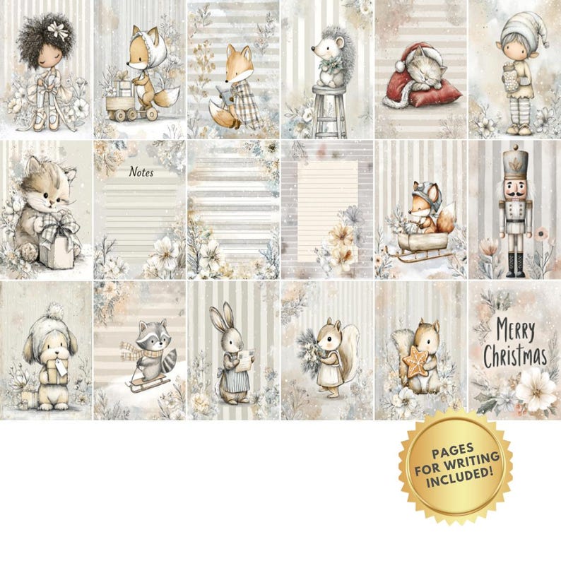 May include: A collection of illustrated journal pages with a winter theme. The pages feature various woodland creatures, floral accents, and the text "Merry Christmas." The pages are in soft neutral tones with vertical striped backgrounds.