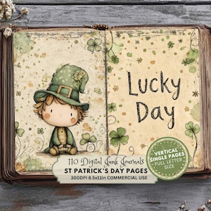 Può includere: Un diario digitale a tema San Patrizio. Il diario presenta un cartone animato di un folletto con un cappello verde, trifogli e le parole "Lucky Day". Il diario misura 21,59 cm x 27,94 cm e ha 110 pagine.