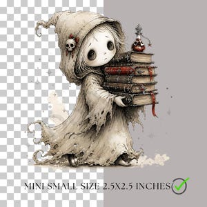 Puede incluir: Una ilustraci&oacute;n digital de una figura peque&ntilde;a con una t&uacute;nica beige desgastada con capucha y un cr&aacute;neo, cargando una pila de cuatro libros y una botella peque&ntilde;a. El texto dice MINI SMALL SIZE 2.5X2.5 INCHES con una marca de verificaci&oacute;n verde.
