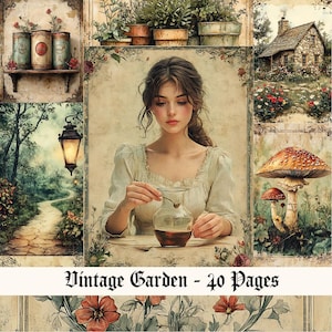 Kit de diário de sucata para jardim, itens florais para impressão, ideias para diário de sucata, páginas de scrapbook, páginas botânicas vintage