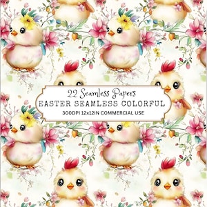 Pode incluir: Um padrão sem costura com pintinhos de desenho animado fofinhos com detalhes florais. O fundo é branco com um tom verde claro. O padrão é perfeito para artesanato e projetos de Páscoa.