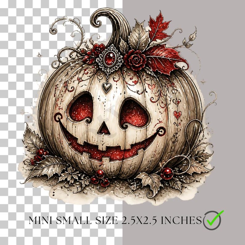 Puede incluir: Una calabaza tallada blanca con interior de purpurina roja, adornada con un broche plateado con una gema roja, rosas rojas y hojas rojas. El texto dice MINI SMALL SIZE 2.5X2.5 INCHES. El dise&ntilde;o incluye detalles de enredaderas.