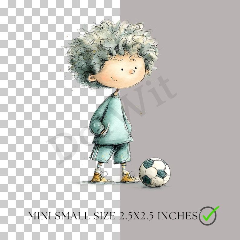 May include: A watercolour illustration of a child with curly grey hair, wearing a teal outfit, and standing next to a football. The text at the bottom reads "MINI SMALL SIZE 2.5X2.5 INCHES".