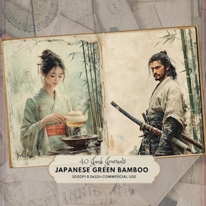 Japanese Samurai Sword Scrapbook - Oriental Collage - Digital Download - Unique Journal Page - Cherry Blossom Samurai Journal Pages Asian
