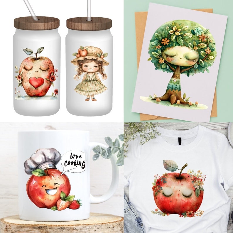 May include: A set of four products featuring a red apple with a face. The products include a white mug with the text "love cooking", a white t-shirt, a white jar with a wooden lid and a straw, and a white jar with a wooden lid and a straw. The apple on the mug is wearing a chef's hat and has a speech bubble that says "love cooking". The apple on the t-shirt has flowers around it and closed eyes. The apple on the jars has a heart and closed eyes.