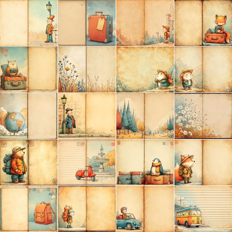 Peut inclure: Un album de scrapbooking de style vintage avec 16 pages, chacune pr&eacute;sentant une illustration diff&eacute;rente d'animaux, de personnes et de paysages. Les pages sont d&eacute;cor&eacute;es de diverses textures et motifs, notamment du grain de bois, du tissu et du papier.