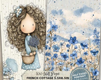 French Half Pages: Blue Country Cottage Printable Journal (Digital Download, Portrait 5.5x8.5 in)