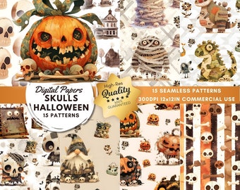 Patrones sin costuras de Halloween: Calaveras y calabazas (papel digital)