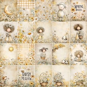 Peut inclure: Un collage d'illustrations &agrave; l'aquarelle sur le th&egrave;me du printemps. Les images pr&eacute;sentent des marguerites, des moutons, des enfants et un soleil. Le texte comprend "Spring Daisies" et "Daisy Meadow". La palette de couleurs est douce, avec des tons jaunes, blancs et beiges.