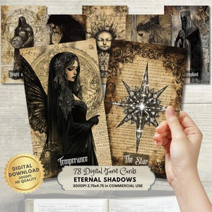 Könnte beinhalten: Eine Sammlung digitaler Tarotkarten mit gotischen Illustrationen. Die Karten zeigen Bilder von Figuren, Himmelskörpern und verzierten Rändern. Der Text auf den Karten enthält "Temperance" und "The Star". Das Set trägt den Titel "Eternal Shadows".