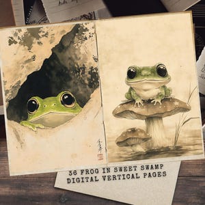 Kit imprimable de journal indésirable grenouille, pages éphémères numériques pour le scrapbooking, téléchargement unique d'art collage grenouille, illustrations de grenouille pour cartes postales