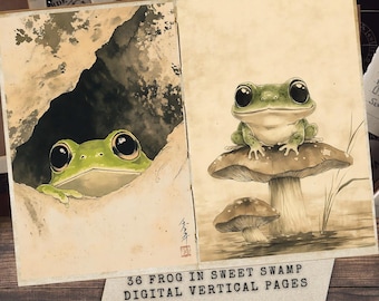 Kit stampabile diario di rane, pagine di effimeri digitali per scrapbooking, download di collage artistici di rane unici, illustrazioni di rane per cartoline