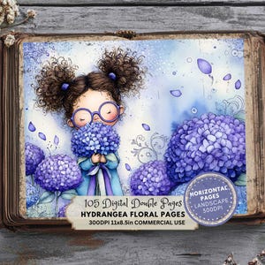 Könnte beinhalten: Digitaldruck mit einem Mädchen mit lockigem Haar und Brille, das einen Strauß lila Hortensien hält. Das Bild hat einen Aquarellstil mit einer weichen Blau- und Violettpalette. Der Text lautet: "105 Digital Double Pages, Hydrangea Floral Pages, 300DPI 27.9x21.6cm Commercial Use."